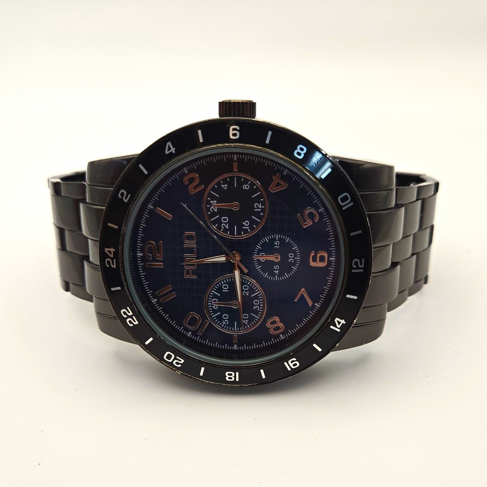 Folio FMDMSG906 Mens 55mm Chrono Blue Dial Watch.  Black SS Band, New Batteries.